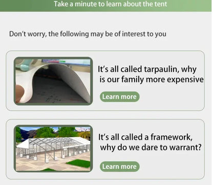 Tente de réception robuste pour mariages et événements, grande capacité (20x40m, 12x6m, 32x16m, 10x5m), pour 200, 300 ou 500 personnes.