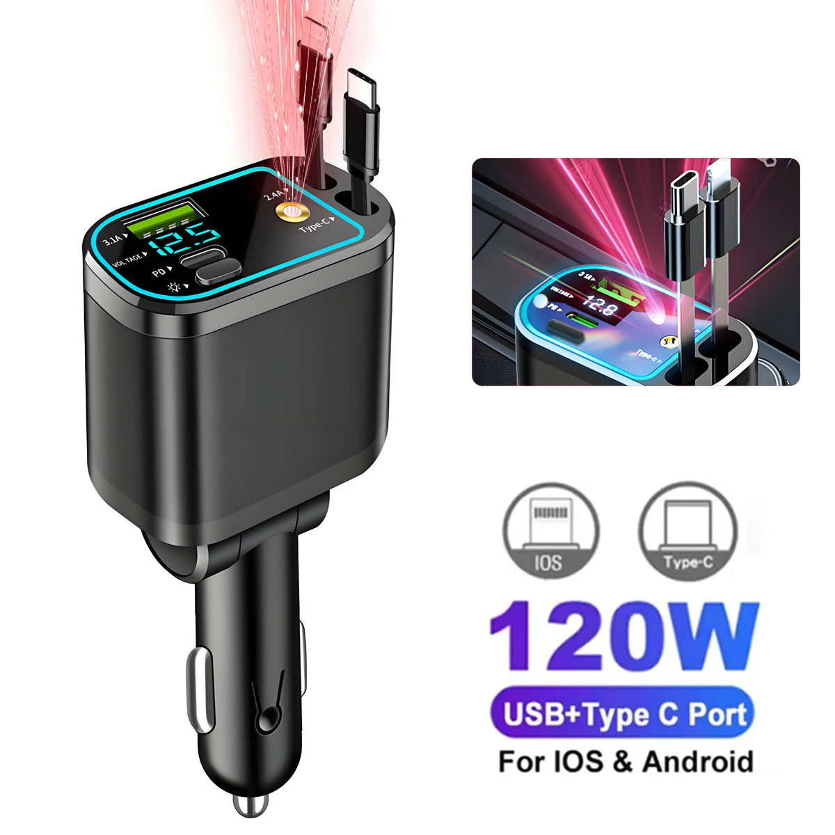 Chargeur de voiture 150W PD30W, adaptateur allume-cigare de voiture, affichage de la tension avec câble rétractable, chargeur rapide 22.5W pour IOS Android