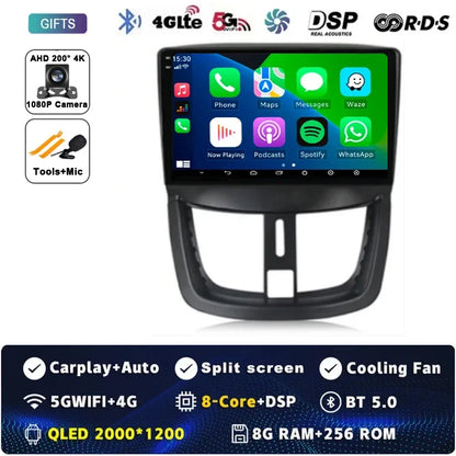 Autoradio Android 15 pour Peugeot 207 CC 207CC 2006 - 2015 sans fil Carplay Android Auto stéréo lecteur multimédia WiFi 4G 2 Din