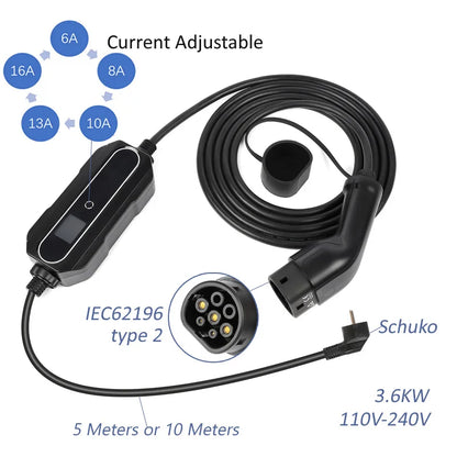 Chargeur de voiture électrique Type 2 Type 1 Mode 2 niveau 2 câble de chargement de voiture Portable EVSE EV 6A-16A-32A 5 mètres 10 mètres 15 mètres