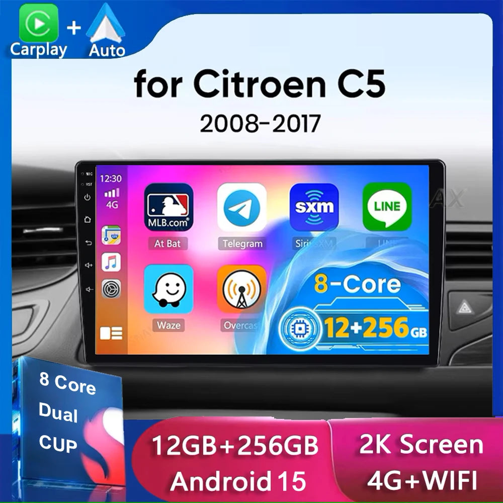 Autoradio Android 15 Carplay pour citroën C5 2 2008 2009 - 2017, lecteur multimédia GPS de Navigation, WiFi + 4G stéréo, vidéo DSP automatique BT