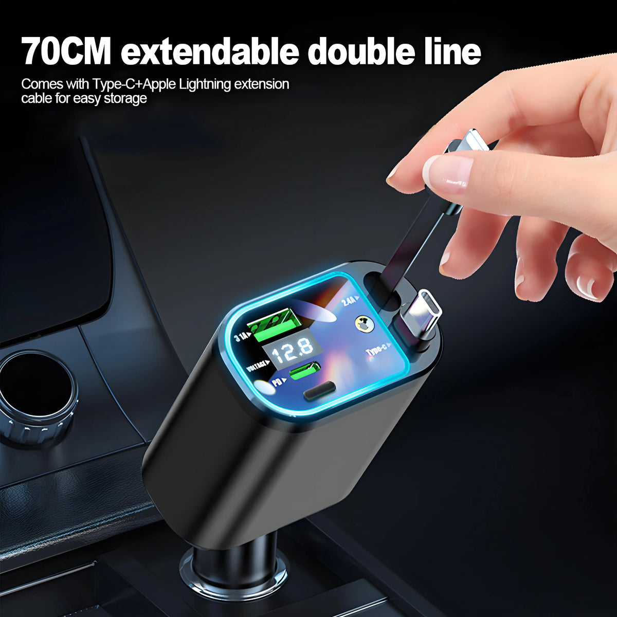 Chargeur de voiture rétractable 120W, avec toit Starlight, câble USB C, chargeur rapide, adaptateur allume-cigare pour IPhone Huawei Samsung
