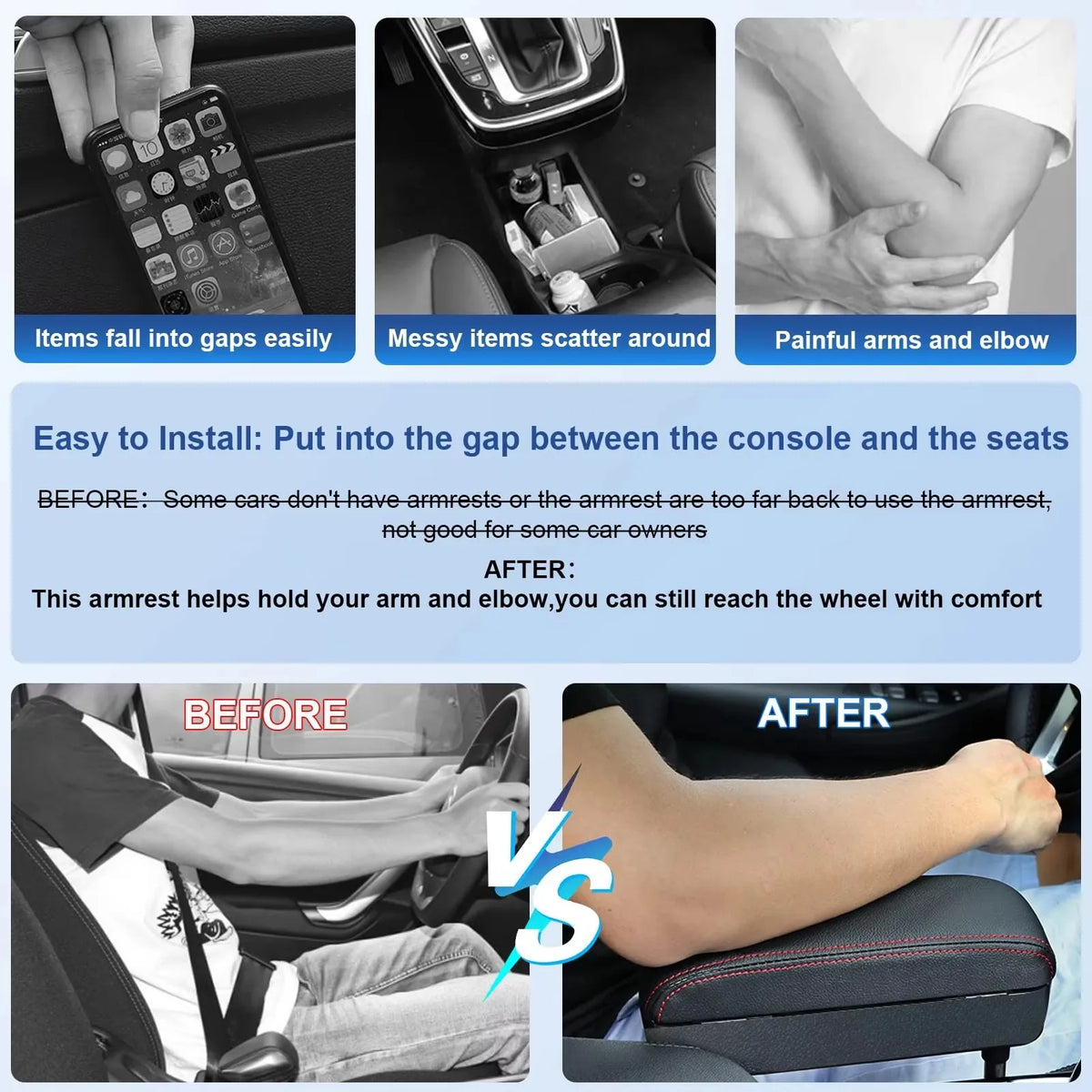مسند ذراع عالمي للسيارة قابل للتعديل الارتفاع مع وسادة مريحة ومنظم تخزين للكونسول