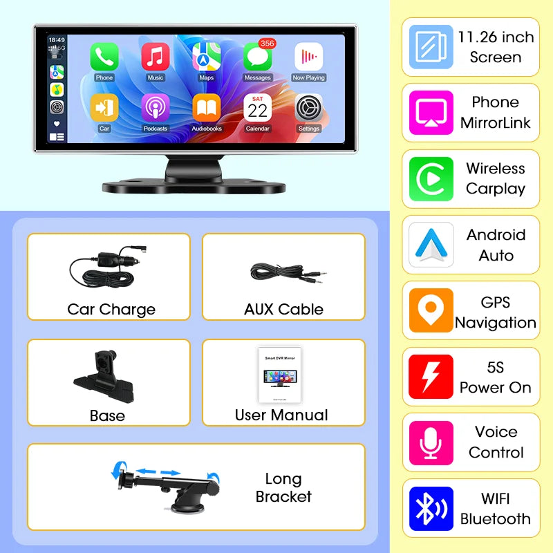 Systèmes intelligents de voiture de 11.26 pouces, lecteur vidéo multimédia, autoradio Portable, sans fil, CarPlay, Android, accessoires d'écran automatique