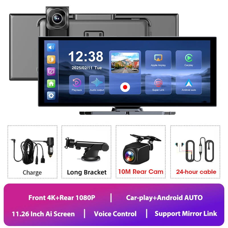 Jansite Portable 11.26 pouces 4K DVR sans fil CarPlay et Android Auto Dash Cam écran de voiture enregistreur vidéo 5G WIFI Navigation