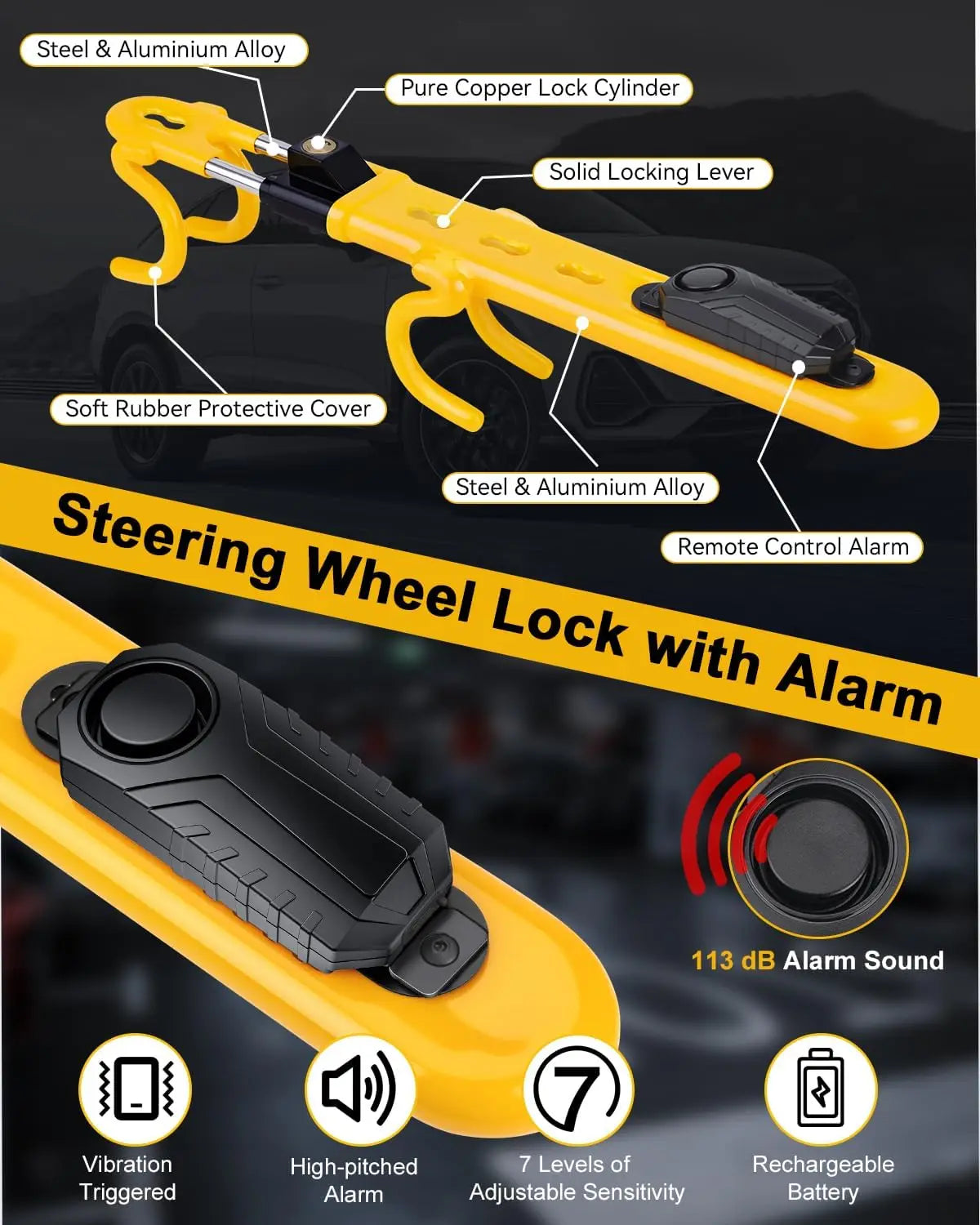 Verrouillage de volant d'alarme 113dB, dispositif de voiture antivol robuste avec sensibilité réglable pour camion Van SUV automatique