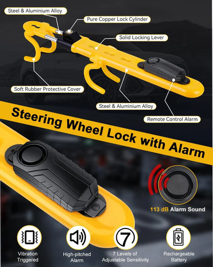 Verrouillage de volant d'alarme 113dB, dispositif de voiture antivol robuste avec sensibilité réglable pour camion Van SUV automatique