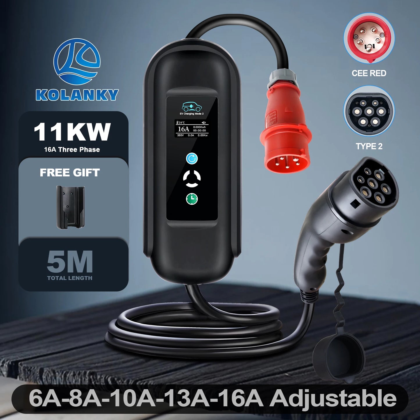 Kolanky Vope2 Sister-Chargeur EV portable, câble de charge EVSE, prise CEE pour voiture électrique, 16A, 11KW, longueur totale 5m, 3 phases