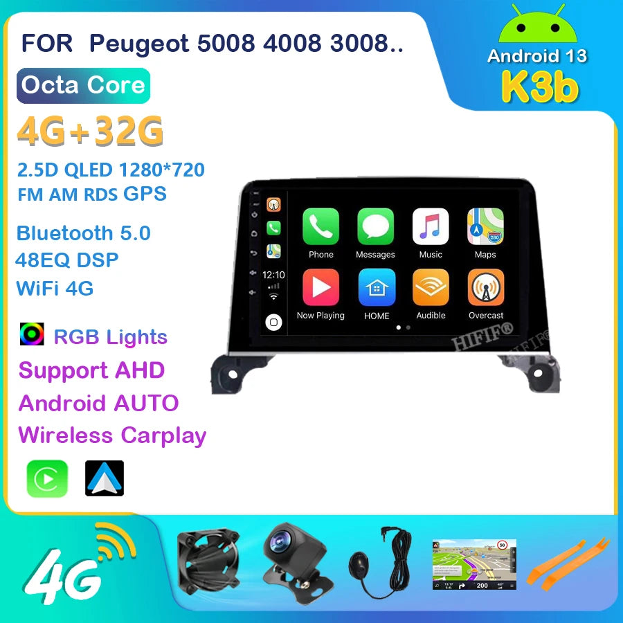 Autoradio Android, WIFI, FM, GPS, Stéréo, 2 DIN, Unité Centrale avec Cadre, pour Voiture KIT 5008, 4008, 3008, 2017, 2018, 2019, 2020