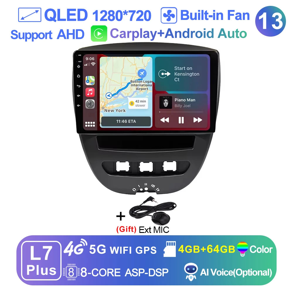 LEHX-Autoradio L6 Pro, Android 14, 2 Din, Stéréo, CarPlay, Limitation de Courant, GPS, pour Voiture KIT 107, Toyota Aygo, Cristaux en C1 (2005-2014)