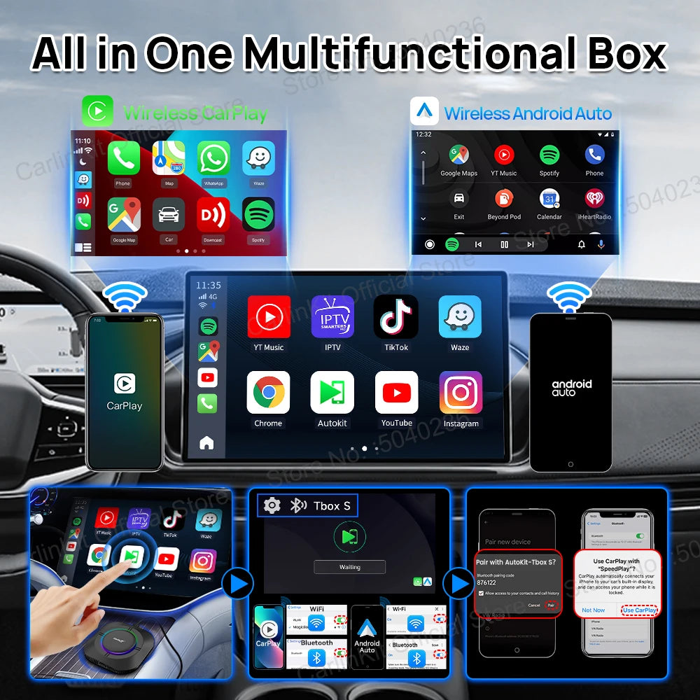 CarlinKit Android 13 LED AI Box CarPlay sans fil Android Auto Smart Car Multimedia Box Qualcomm 8-Core Chip SD Card Extensible jusqu'à 512 Go Support vidéo en ligne