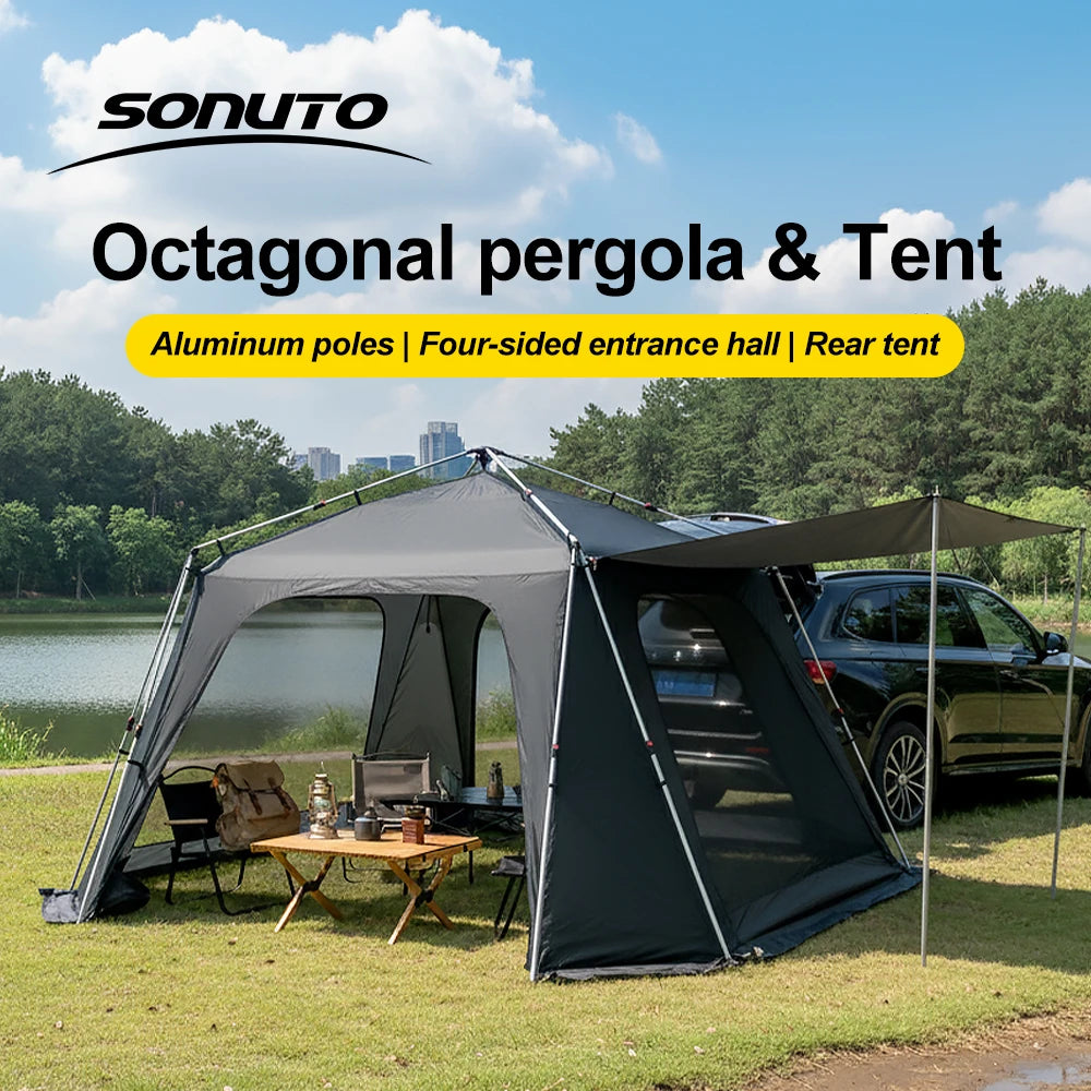 Tente de camping instantanée octogonale Sonuto, grande tente familiale avec structure en aluminium, résistante au vent et à l'eau, abri solaire pour la plage