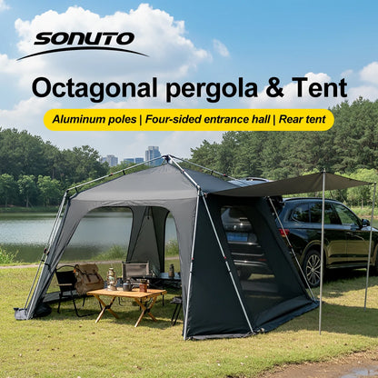 Tente de camping instantanée octogonale Sonuto, grande tente familiale avec structure en aluminium, résistante au vent et à l'eau, abri solaire pour la plage
