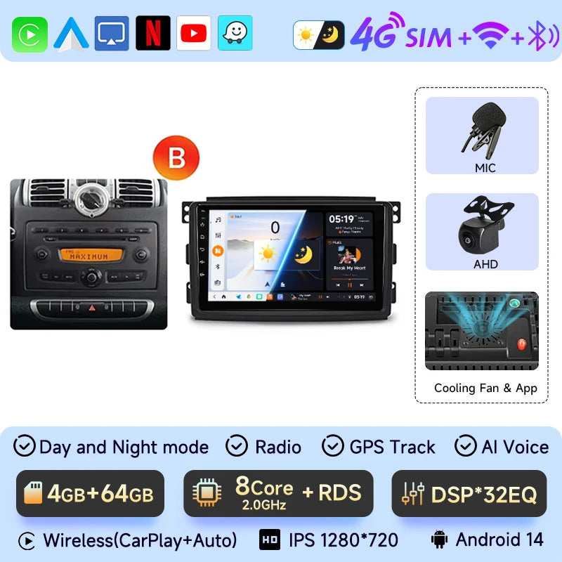 JIUYIN-Autoradio TS18 AI Voice Wireless CarPlay Android Auto Radio pour Smart Fortwo 451, 2005-2010, 4G, GPS, 2Din, Limitation de la voiture