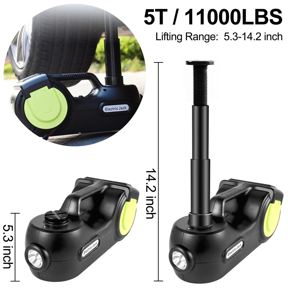 SucceBuy 5T 12V Kit de cric de voiture électrique + clé à chocs lumière LED