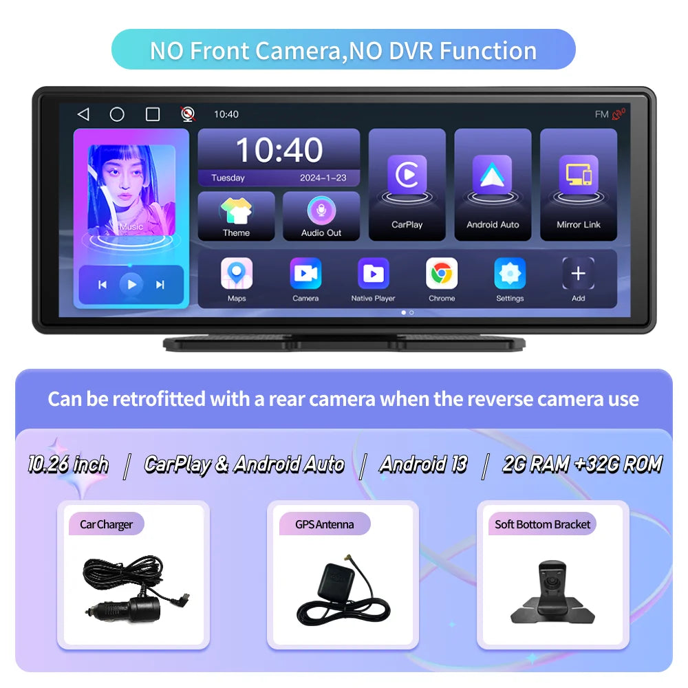 Imagebon E20 10.26 "Cam de tableau de bord Android 13 Spotify Netflix lecteur multimédia sans fil Carplay Android Auto voiture DVR AI commande vocale