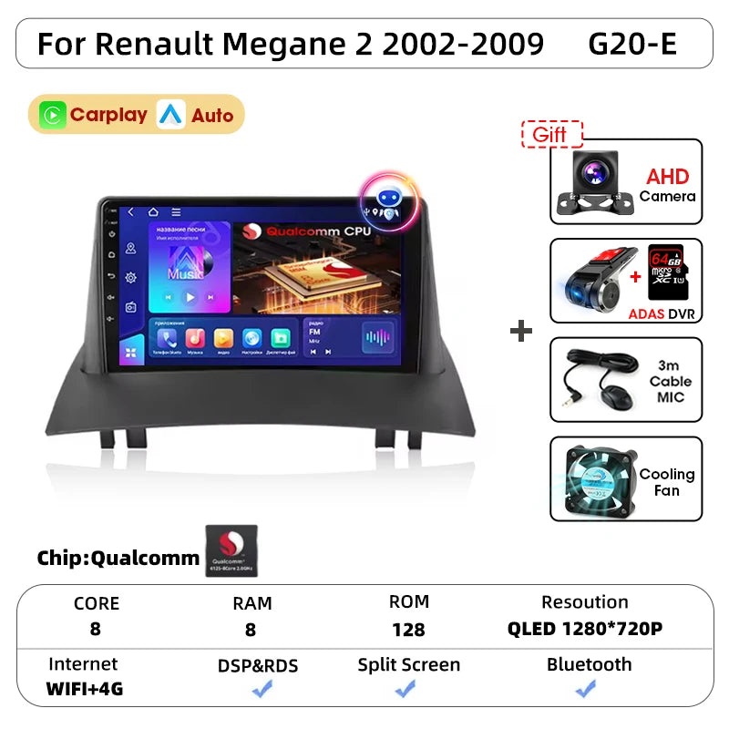 Android Carplay Auto pour Renault Megane 2 2002 2003 2004 2005 2006 2007 2008 2009 lecteur d'autoradio multimédia WIFI + 4G stéréo