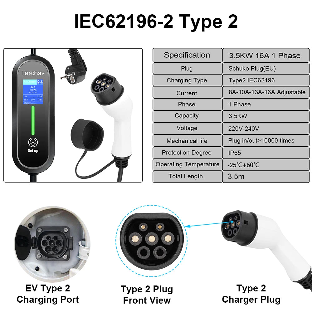 Teschev 3.5KW 16A EV chargeur Portable Type2 EVSE boîte de charge chargeur de voiture électrique J1772 Type1 chargeur de véhicule électrique