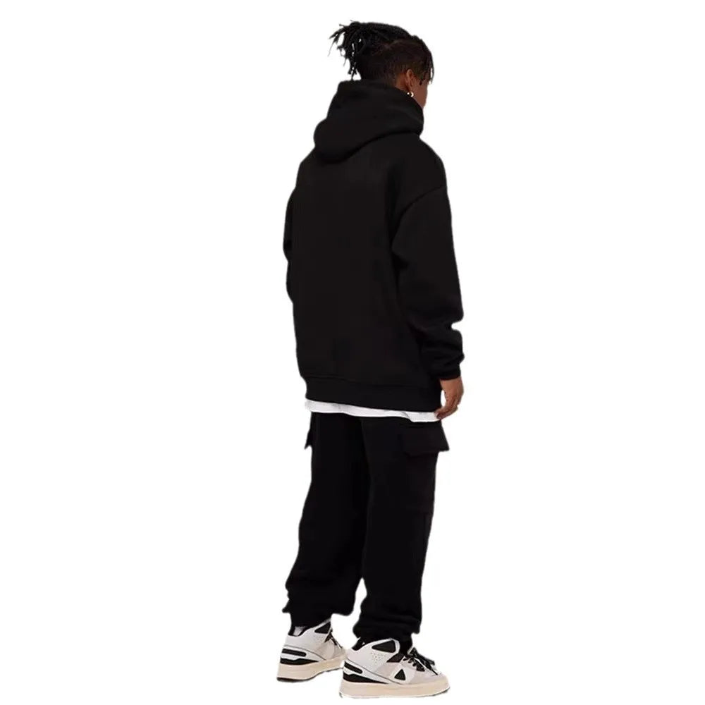 Sweat à capuche pour hommes, polaire épaisse, coupe ample, couleur unie, Style coréen, à la mode, haut décontracté en Fiber de Polyester, hiver