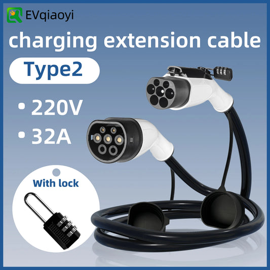 EVqiapyi câble d'extension type 2 32A 7KW cordon avec serrure antivol étendre la distance de charge de l'équipement de charge de Type 2