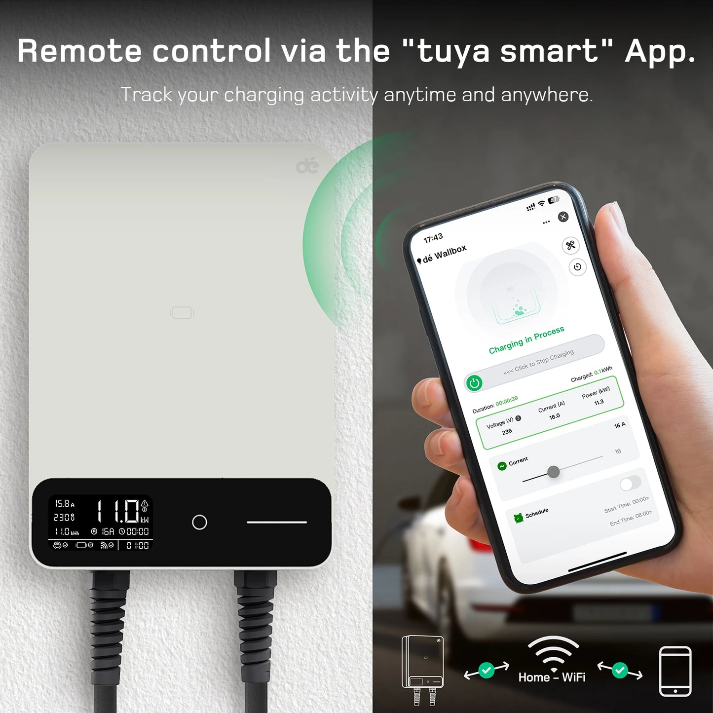 dé Wallbox 11kW blanc avec APP chargeur de véhicule électrique domestique 5m 7,5m câble de chargement CEE à Type 2 chargeur EV 16A triphasé EVSE