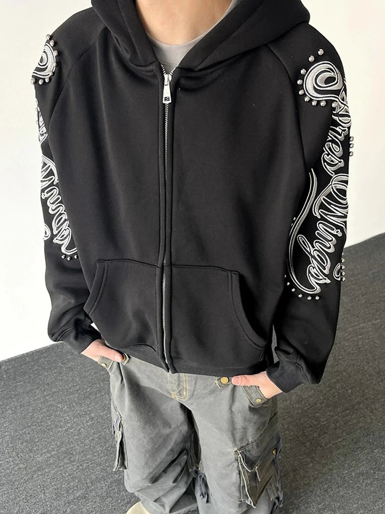 Nouveauté Printemps 2026 : Sweat à capuche décontracté pour homme, à manches longues, zippé, avec lettres imprimées et rivets, coupe ample et tendance
