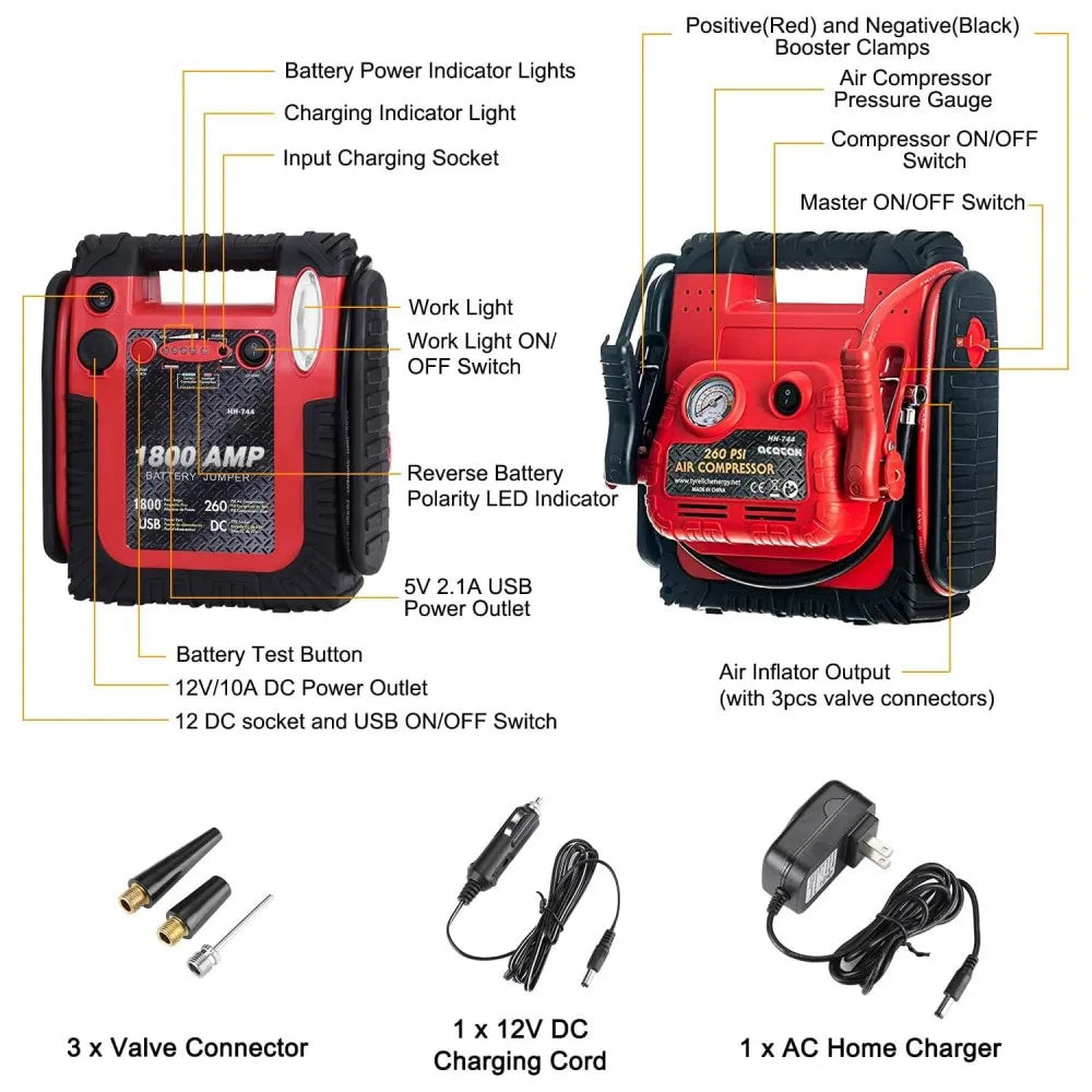 Démarreur de saut Portable pour batterie de voiture 1800A, outil d'urgence 12V, démarreur de saut automatique avec compresseur d'air pour voiture