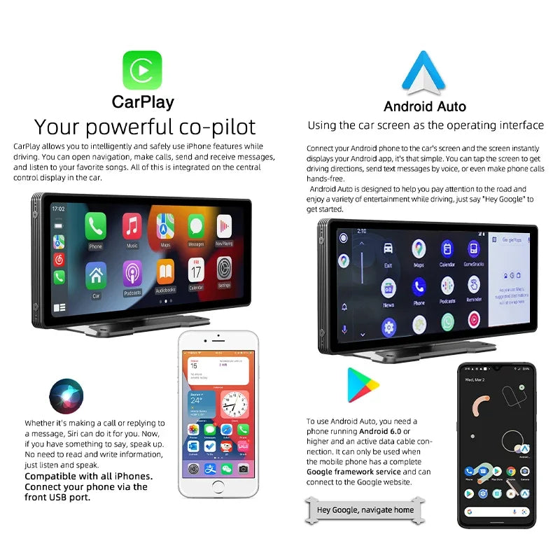Écran Carplay sans fil portable, caméra de recul arrière HD, autoradio DVR, lecteur vidéo MP5, Android Auto, 10.26 pouces
