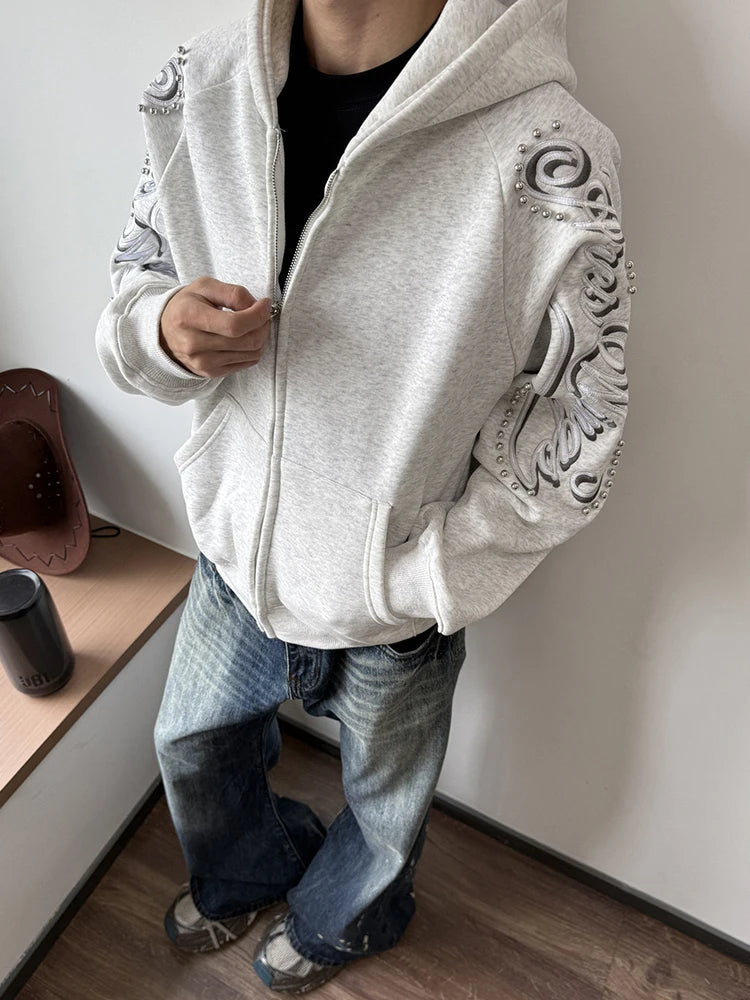 Nouveauté Printemps 2026 : Sweat à capuche décontracté pour homme, à manches longues, zippé, avec lettres imprimées et rivets, coupe ample et tendance