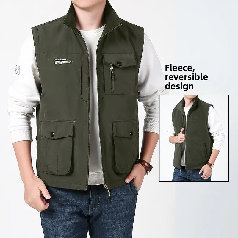 Gilet de sport d'extérieur en polaire épaisse pour homme, réversible, décontracté, coupe ample, fermeture éclair, couleur unie, automne-hiver