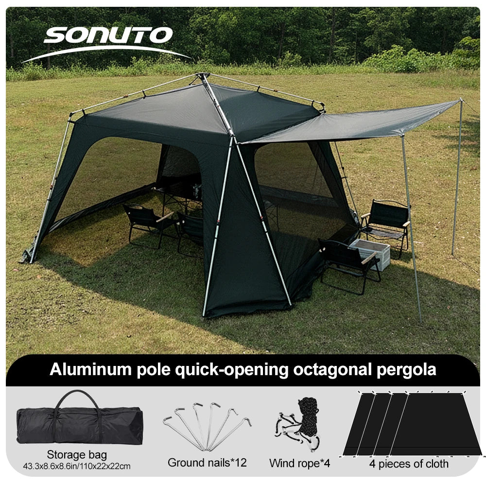 Tente de camping instantanée octogonale Sonuto, grande tente familiale avec structure en aluminium, résistante au vent et à l'eau, abri solaire pour la plage