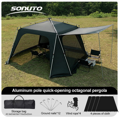 Tente de camping instantanée octogonale Sonuto, grande tente familiale avec structure en aluminium, résistante au vent et à l'eau, abri solaire pour la plage