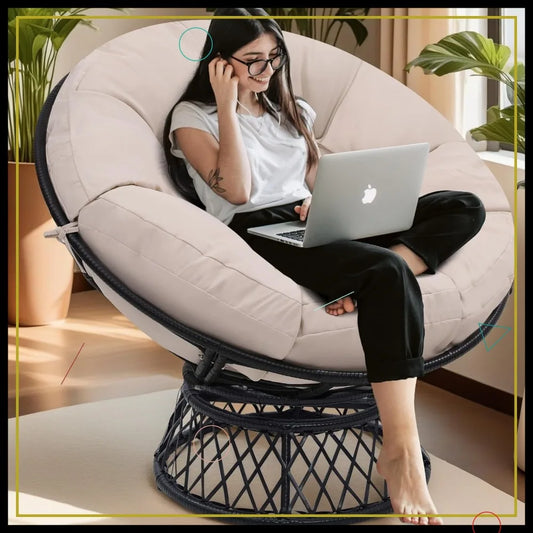 Fauteuil Papasan surdimensionné de 46 pouces avec rotation à 360° °   Fauteuil pivotant, cadre en rotin imperméable et coussin épais pour adultes