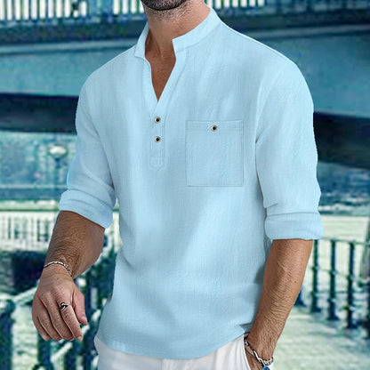 Chemises légères pour hommes, manches longues, en coton et lin, Henley, pour la plage, hawaïen, col en v, polo respirant