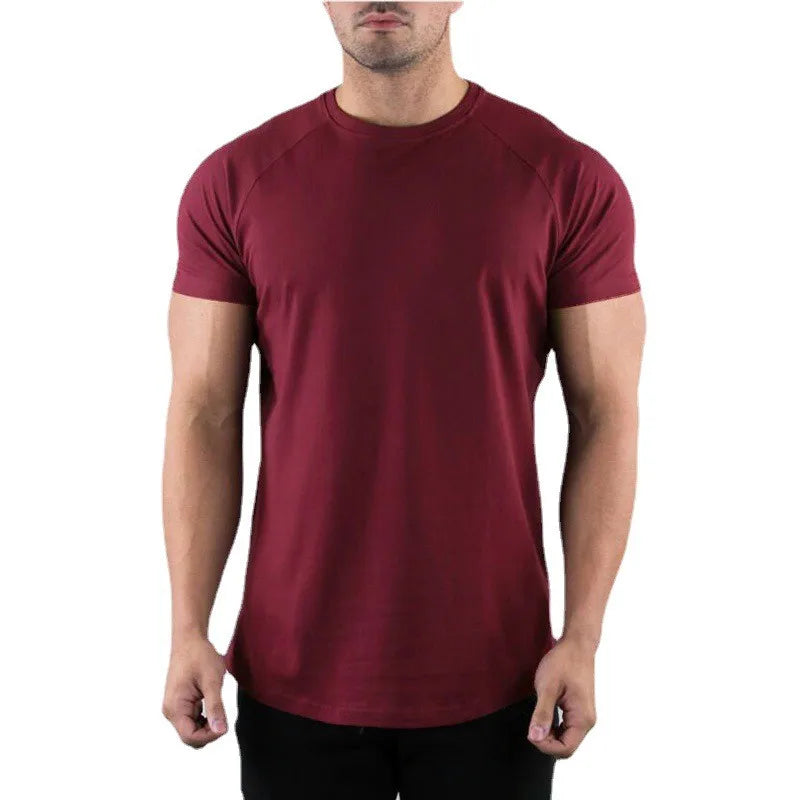 T-shirt de gymnastique uni pour hommes, vêtements de Fitness d'été, col rond, manches courtes, en coton, Slim Fit, musculation, entraînement