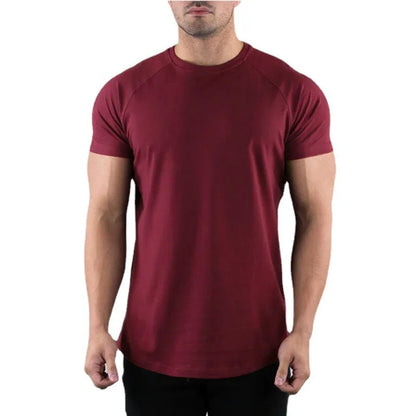 T-shirt de gymnastique uni pour hommes, vêtements de Fitness d'été, col rond, manches courtes, en coton, Slim Fit, musculation, entraînement