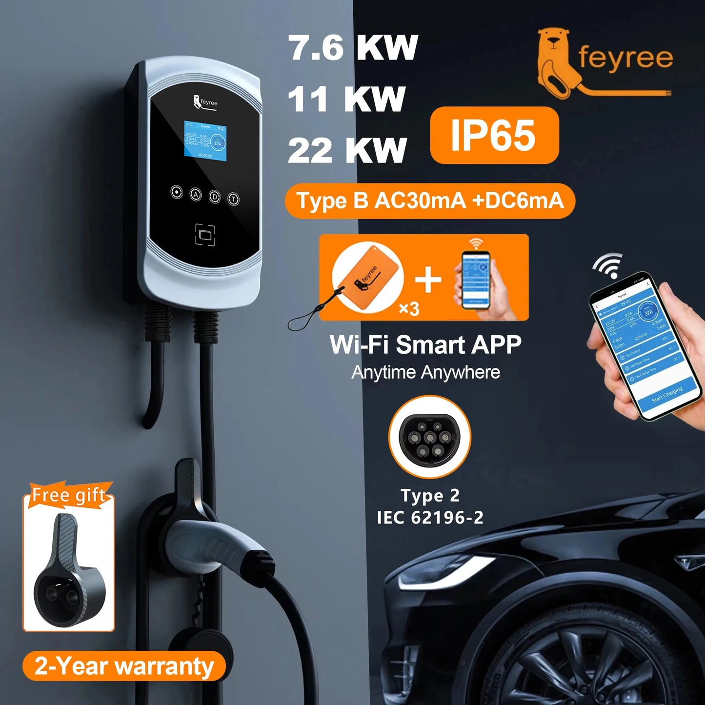 Fey123 EV Chargeur 32A 22KW 3Phase 11KW 16A Chargeur de Voiture Électrique EVSE Wallbox 7.6KW 32A Vope2 Câble Prise IEC62196-2 Andrea Control