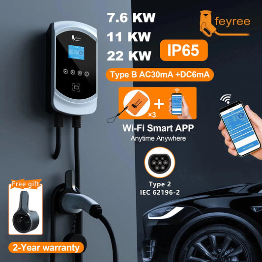 Fey123 EV Chargeur 32A 22KW 3Phase 11KW 16A Chargeur de Voiture Électrique EVSE Wallbox 7.6KW 32A Vope2 Câble Prise IEC62196-2 Andrea Control