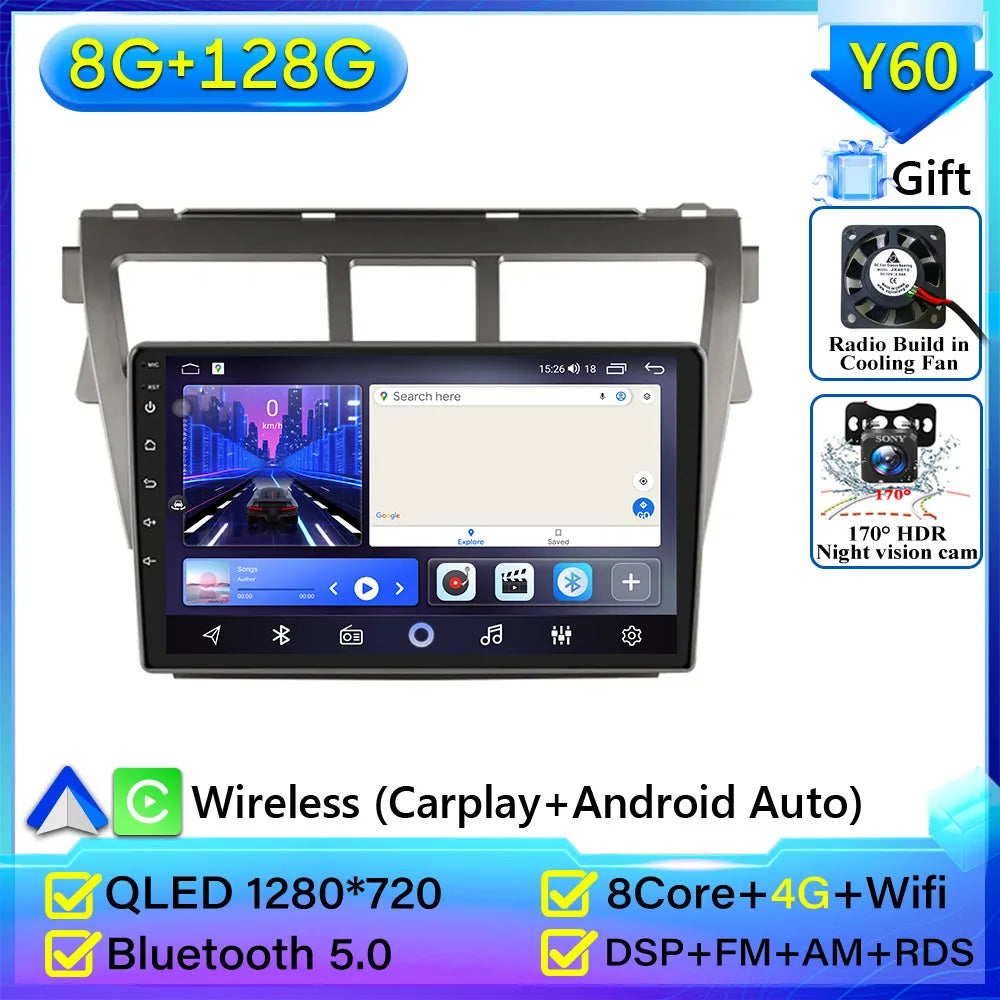 Pour Toyota VIOS Yaris 2007 2008 2009-2012 autoradio Android 15 Navigation vidéo GPS Android Auto Android 15 Carplay unité No 2din
