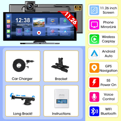 Develuck nouveau 11.26 pouces 4K DVR sans fil CarPlay et Android Auto Portable Dash Cam écran de voiture enregistreur vidéo 5G WIFI Navigation