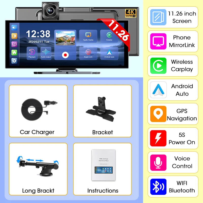 Develuck nouveau 11.26 pouces 4K DVR sans fil CarPlay et Android Auto Portable Dash Cam écran de voiture enregistreur vidéo 5G WIFI Navigation