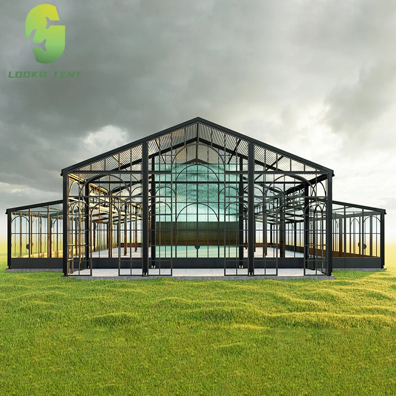Tente de réception de luxe commerciale en aluminium et verre pour événements extérieurs, chapiteau, atrium, pour 200 à 500 personnes
