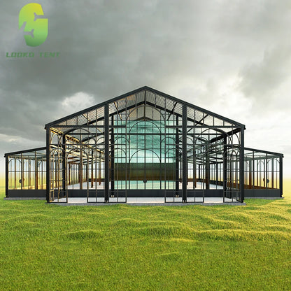Tente de réception de luxe commerciale en aluminium et verre pour événements extérieurs, chapiteau, atrium, pour 200 à 500 personnes
