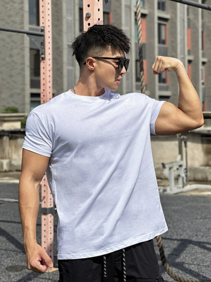 T-shirt de sport musculaire à manches courtes pour hommes, blanc, coton, fitness, basket-ball, course à pied, entraînement, élastique, automne