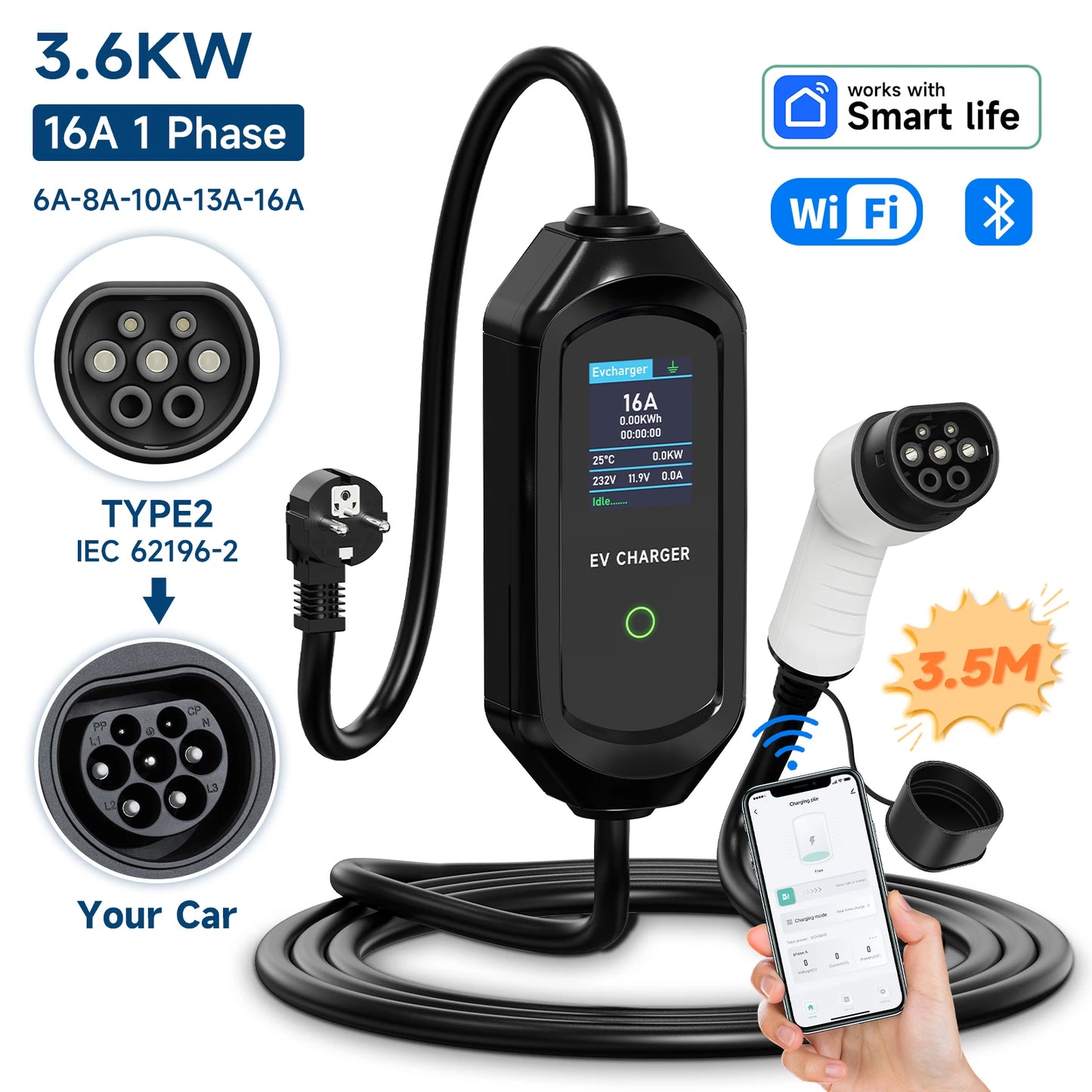 شاحن سيارة كهربائية محمول AFYEEV 3600W من النوع 2 IEC62196-2 كابل شحن EV محطة شحن Wallbox EVSE شاحن كهربائي
