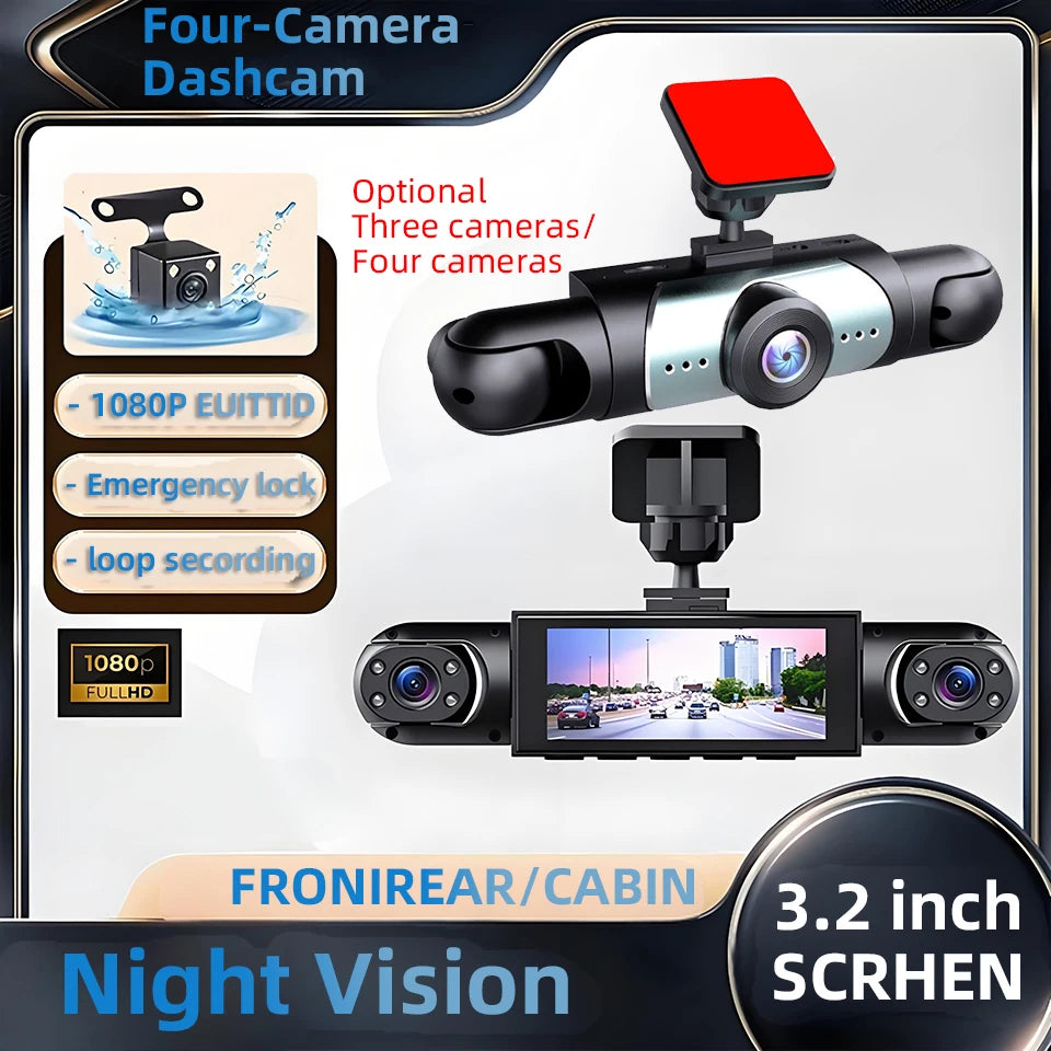 Caméra de tableau de bord à 3 objectifs HD 1080P, enregistrement en boucle, capteur G en option, surveillance à 4 objectifs, enregistreur de conduite 360 °   Angle de vision