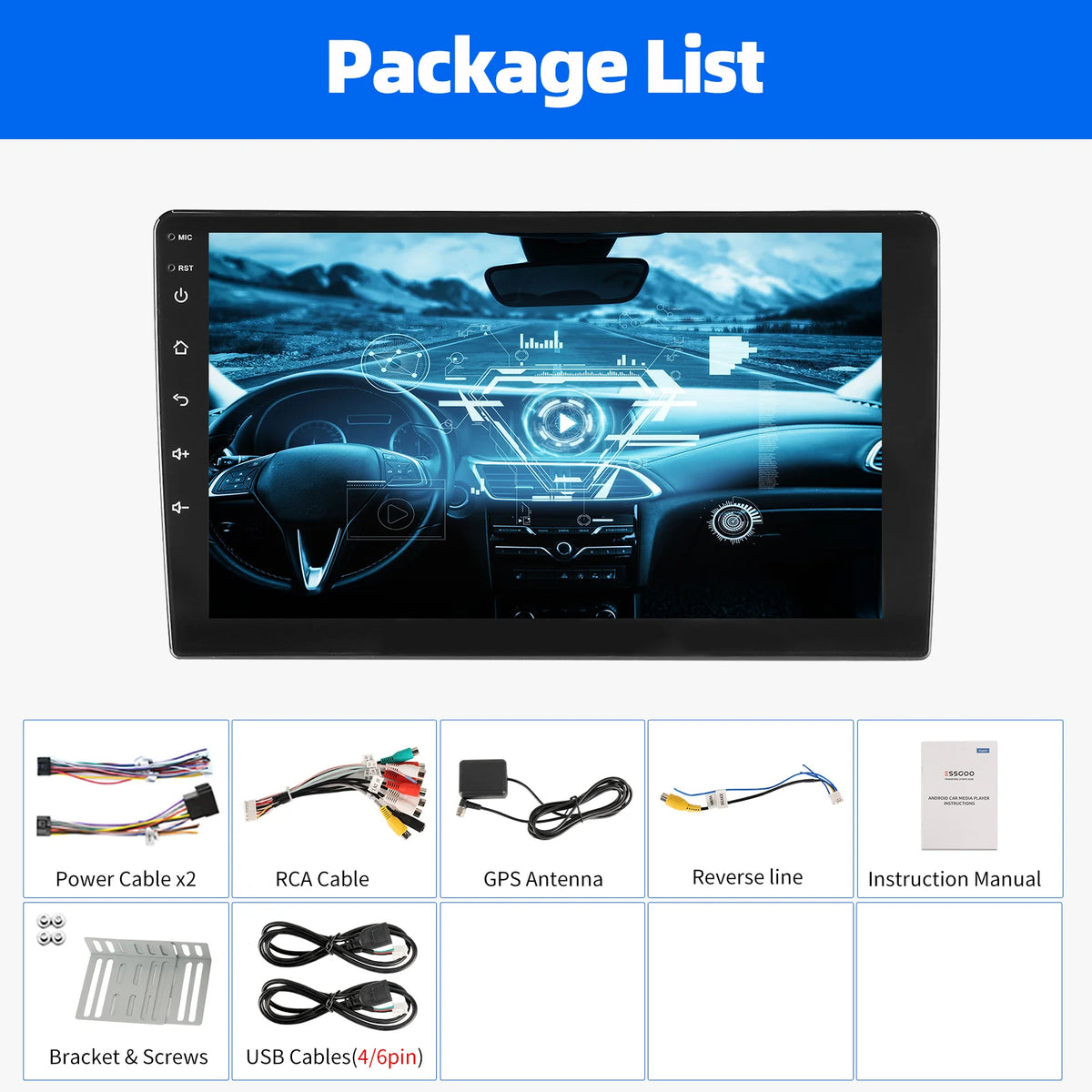 ESSGOO Écran Tactile 10.1 Pouces 2 DIN 2+64GB/4+64GB Autoradio Android 14 Carplay Sans Fil Android Auto GPS Navigation WiFi FM RDS Entrée Caméra Arrière Contrôle du Volant Mirror Link Bluetooth Écran Divisé USB