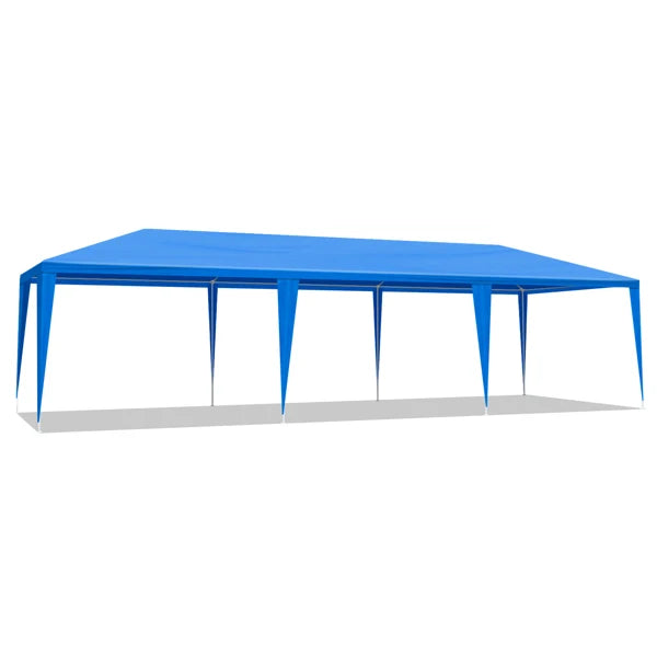Tente de réception extérieure bleue 10x30 pieds (900x300 cm) en tissu PE imperméable avec structure en acier et 8 parois latérales amovibles avec fenêtres, capacité 50 personnes