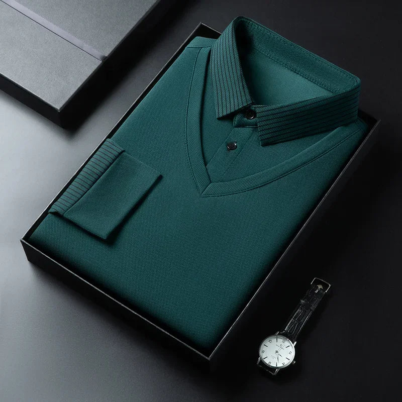 Polo à manches longues pour hommes, décontracté et à la mode, couleur unie, faux deux pièces, Business, toutes saisons, haut polyvalent, nouvelle collection 2025