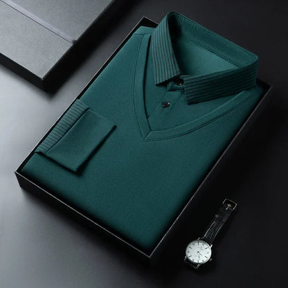 Polo à manches longues pour hommes, décontracté et à la mode, couleur unie, faux deux pièces, Business, toutes saisons, haut polyvalent, nouvelle collection 2025